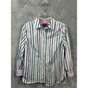 Talbots Petite Striped Button Down Shirt Medium White Green Pink Navy Cotton